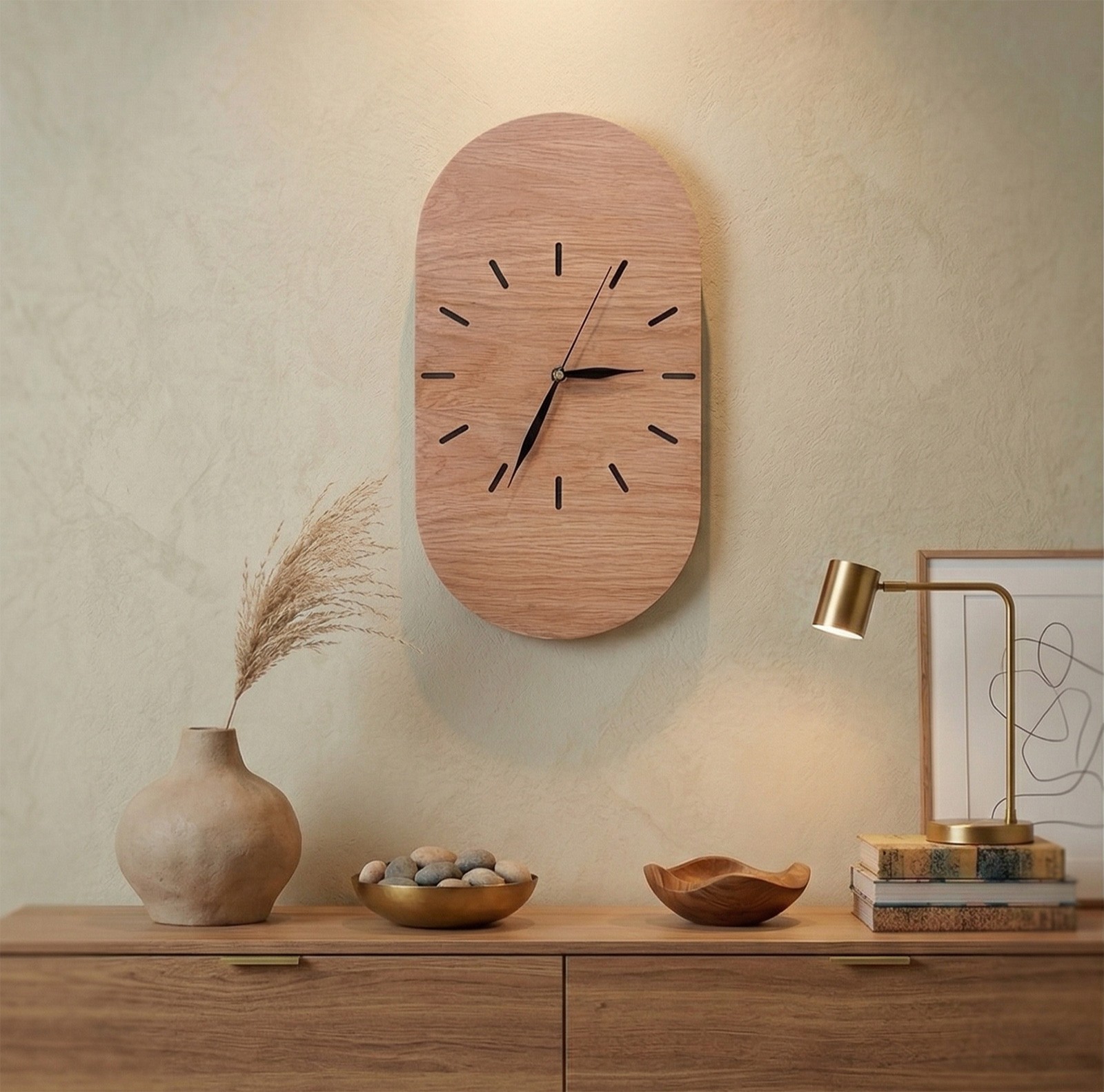 Ovale Uhr aus Eichen-Sperrholz